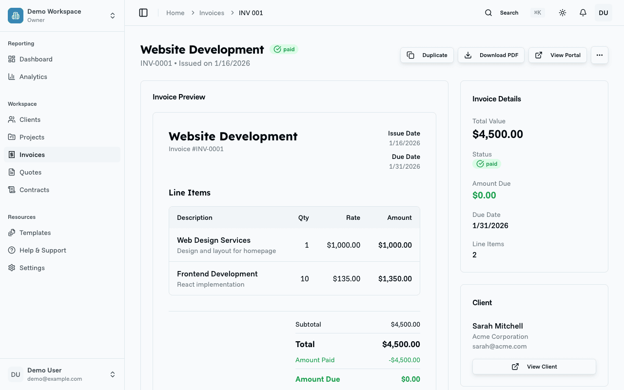 QuoteCraft invoice preview showing line items, totals, and payment status