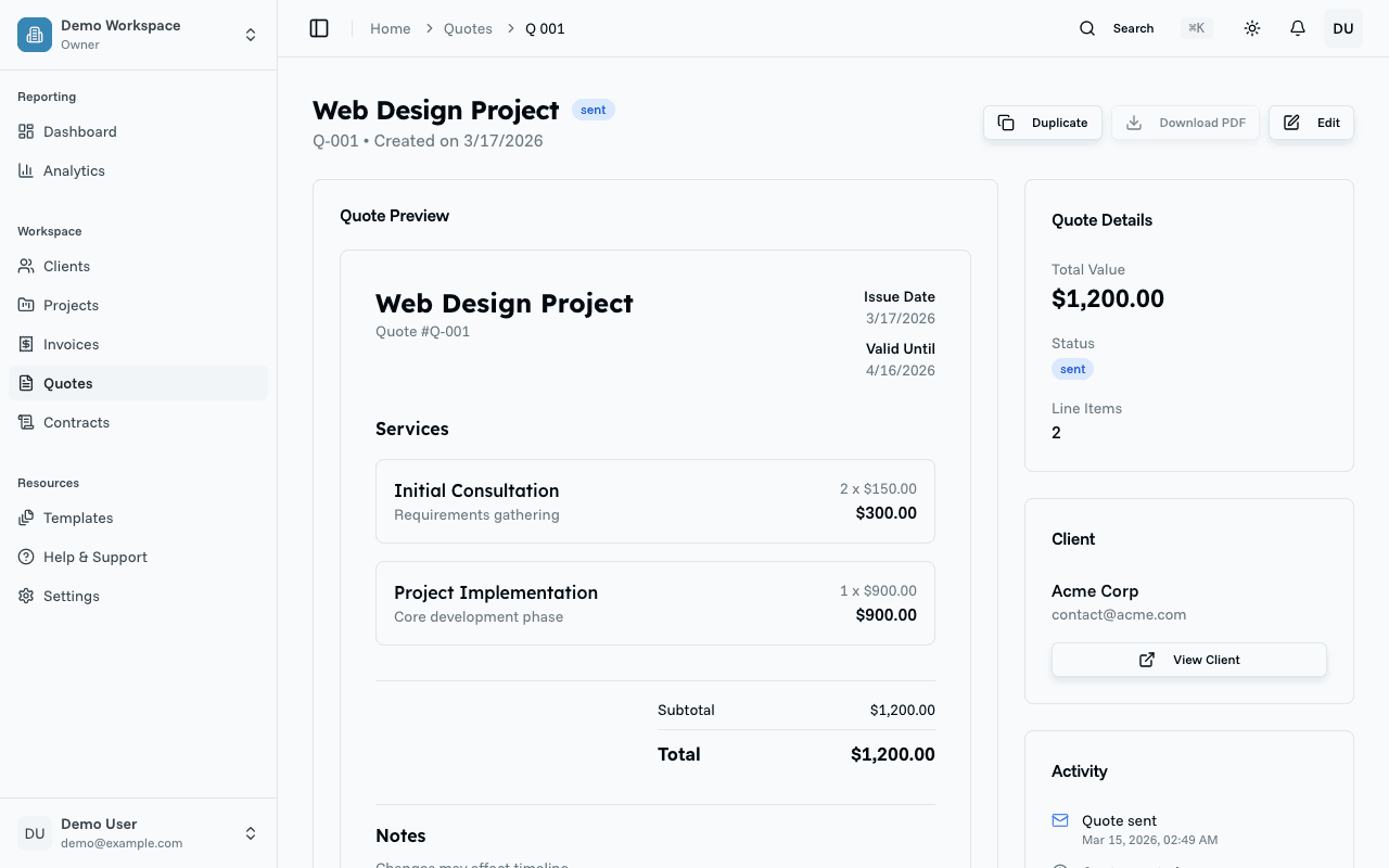QuoteCraft quote preview with line items and totals